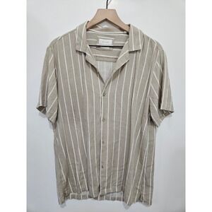 Porter & Ash Mens Tan White Striped Linen Blend Short Sleeve Camp Shirt Large